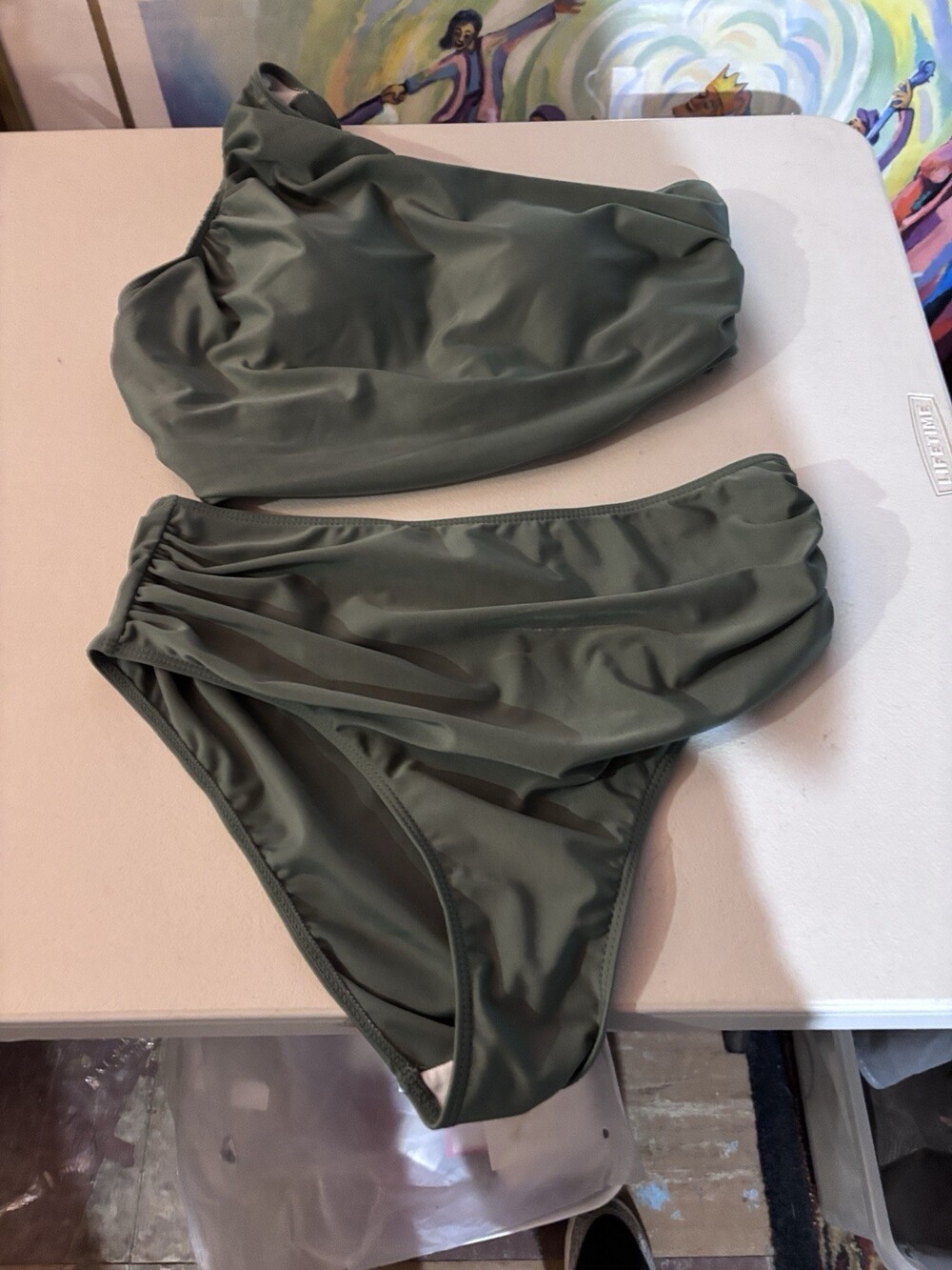 Olive Green One Shoulder Bikini 1X XL High Waist Ruched Asymmetrical NWT